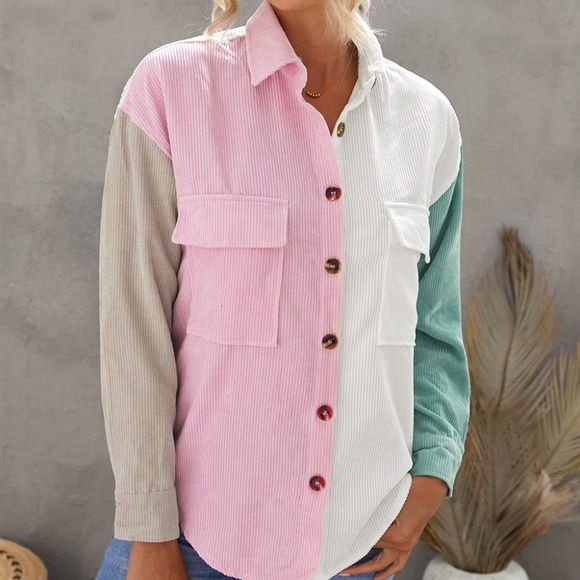 Pink Colorblock Button Down Blouse